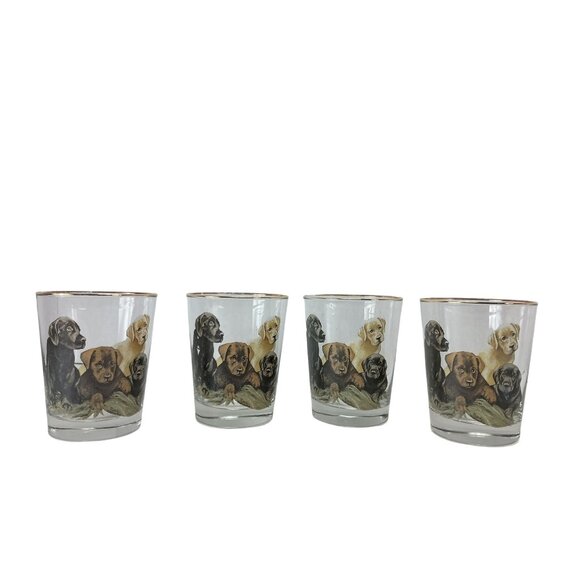 Unbranded Other - B. Brian Atwater Set Of 4-16oz. Gold Rimmmed Highball Whiskey Glasses Puppies
